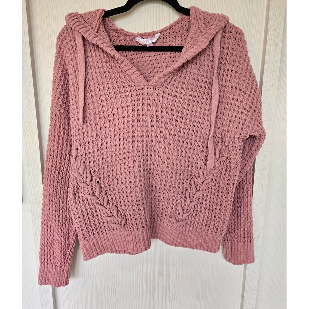 Knit Hoodie Mauve Pink Lace Up Side Sweater XXL Crochet Boho Coastal Cottagecore